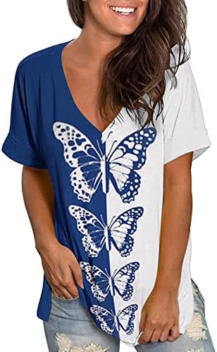 Кошули со краток ракав за кратки ракави летни врвови градиент кратки ракави против маички за вратот, печатени блузи тунични женски