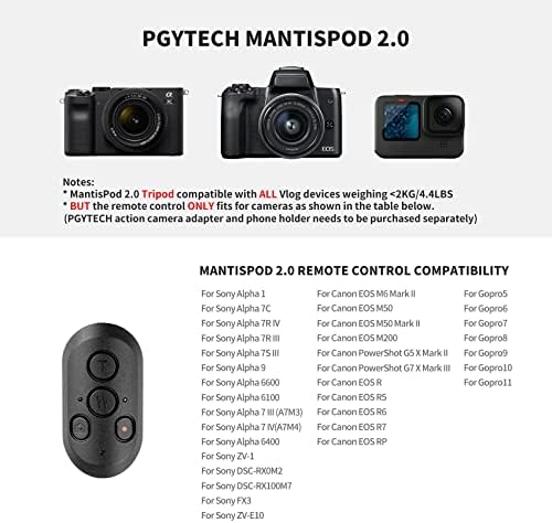 PGYTECH MANTISPOD 2.0 Bluetooth Магнетски далечински управувач; Bluetooth 5.0 овозможува брз компатибилен со GoPro, камера