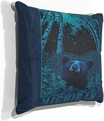 Мичиген ноќна мечка платно фрли перница за кауч или тросед дома и канцеларија од нафта сликарство од уметникот Кари Лер 18 x 18.