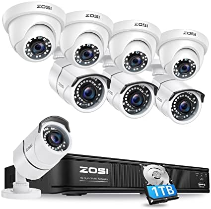 Zosi 1080p H.265+ Систем за безбедносна камера за домови, 5MP Lite 8 канален надзор DVR и 8 x 1080p водоотпорен CCTV Bullet Dome Camera