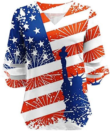 4 јули Облека За Жени 3/4 Блузи Со Ракави Со Ѕвончиња Американско Знаме V Маици За Вратот За Жени Патриотски Кошули