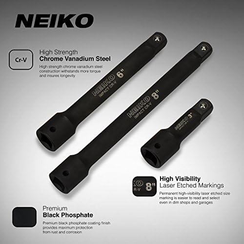 Neiko 00237A 1/2-инчен погон за проширување на барот, изработен со CRV челик, 3-инчен, 6-инчен и 8-инчен големини, сет од 3 парчиња