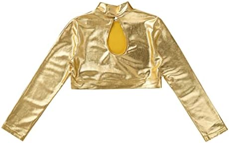 Haајој девојки turtleneck сјајна металик со долг ракав танц со врвна спортска гимнастика маица модерна џез хип-хоп сценска претстава злато