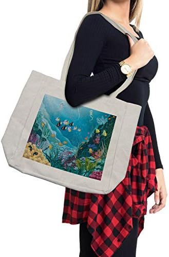 Торба за купување риба Амбесон, подводен пејзаж со тропски риби и алги полипи описна наутичка слика, еколошка торба за еднократно