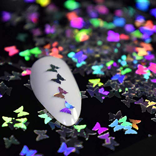 Секцини за нокти од пеперутка 12 бои 3Д пеперутка уметност ласерски сјај пенливи акрилни палети, холографски чаршафи за сјај за нокти за украсување