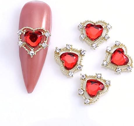 10 парчиња/торба метал срцев нокти уметнички шарми дијамантски злато/сребрена легура луксузен бисер црвена/сина/розова/чиста украси за украси