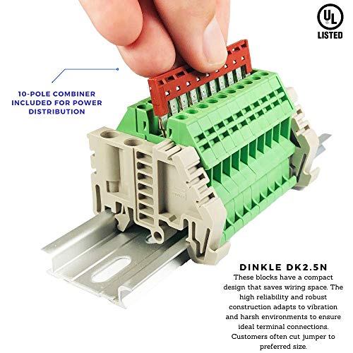 Дистрибуција на моќност на ICI Dinke DK2.5N-GN 10 Gang Box Connector DIN Rail Terminal Blocks, 12-22 AWG, 20 засилувачи, 600