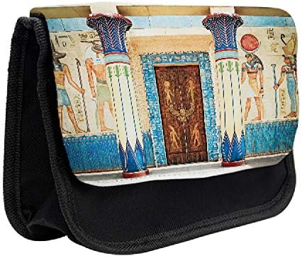 Зачудувачки египетски молив случај, антички стари хиероглифики, торба со молив со ткаенини со двоен патент, 8,5 x 5,5, беж сина и кафеава