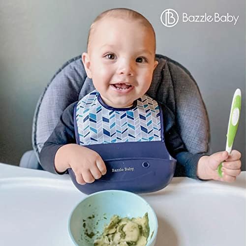 Bazzle Baby Silicone Bib For Baby With Food Catcher - Водоотпорна ролна и биб за хранење на копчиња за дете што јаде 2 -pk