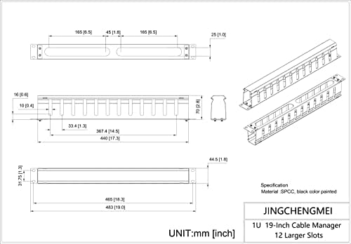 Jingchengmei 2 пакет од сите метални 1U за управување со кабел хоризонтален управувач за монтирање на кабел со 12 големи слотови за прсти за