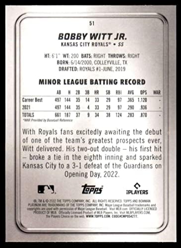 2022 Bowman Platinum 51 Боби Вит rуниор Канзас Сити Ројалс МЛБ Бејзбол картичка НМ-МТ