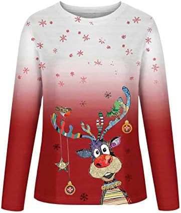 Врво на екипаж за жени 2022 Божиќ Симпатични ирваси за печатење со ирваси со долги ракави блузи случајни лабави пријатни џемпери