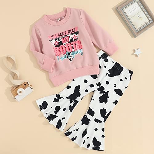 HNYENMCKO TODDLER Западно бебе девојче Облека bellвонче на дното на дното облека со долги ракави, џемпери за џемпери + панталони за печатење на крави, паѓање на облека