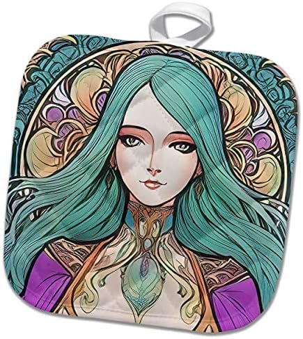 3drose Art Nouveau Woman. Фантазија зелена коса принцеза. Елегантен подарок. - Potholders