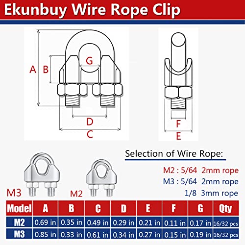 Кабелски клип за жица за јаже, Ekunbuy 304 не'рѓосувачки челик M2 M3 Флексибилен конектор U завртката за прицврстувач на завртки за затегнување