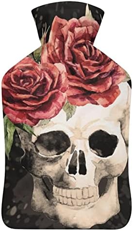 Акварел череп и рози со шише со топла вода со топла кадифен капак за креветски грчеви во менструална болка 1 литар