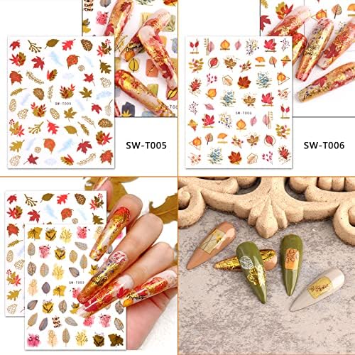 6 листови налепници за уметност на ноктите, јавор за лисја на ноктите, 3Д метални самолепливи декорации за есенски нокти