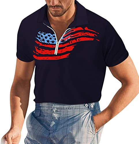 Xxbr 4 -ти јули Поло кошули за мажи лето кратки ракави патриотски американски знаме патент лапел јака обични врвови за голф