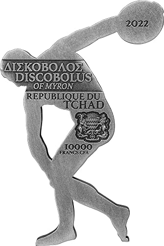 2022 де модерна комеморативна моќност Discobolus myron 2 мл сребрена монета 10000 франци Чад 2022 Антички финиш