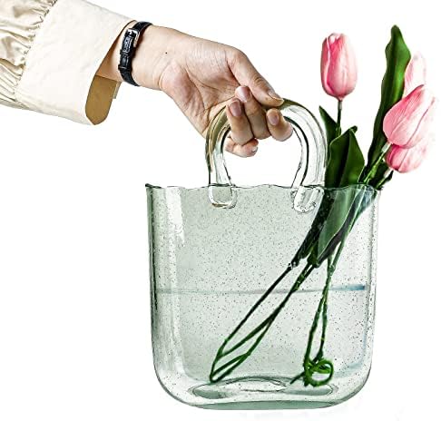 ОЛЕЕК Чанта вазна За Цвеќиња Зелена Стаклена Кеса Вазна-10 инчи-Јасно, Кул &засилувач; Симпатична вазна за централни делови &засилувач; Риба