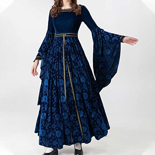 Ренесансни фустани за жени, женски средновековен гроздобер фустан со качулка, квадратна врата чипка на облеката за вештерки на вештерки,