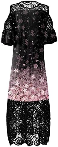 Женски плус големина вечерни фустани чипка ладно рамо екипа на цвеќиња на врата, лежерна долга обична забава макси фустан