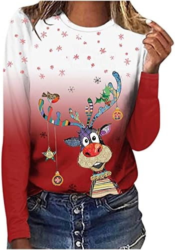 Womenените Божиќ симпатична пулвер трендовски 3Д цртан филм елк графички џемпер врвот на долги ракави градиенти влезови паѓаат