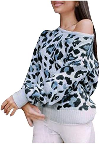 FMCHICO леопард печати џемпери за жени кои се случајни надвор од рамото на долги ракави на врвовите на екипажот на екипажот