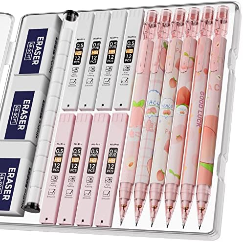 Механички молив NICPRO 6PCS Поставен за девојче, симпатични механички моливи 0,5мм со 8 цевки HB Refil Refil, 3pcs Eraser и 12 парчиња Eraser