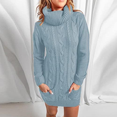 Pimoxv женски женски џемпери фустани за жени ребра-плетен долг ракав мини фустан со долг скокач пулвер џемпери со џебови