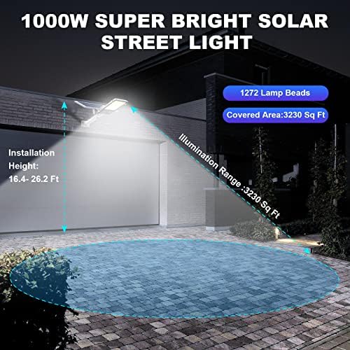 Соларна Улична Светлина, 1000w LED Соларни Улични Светла На Отворено Водоотпорен, 100000lm Самрак До Зори Супер Светли Улични Светла Соларни