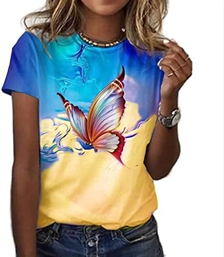 Bluses Spandeck Spandex за тинејџерски девојки кратки ракави градиентски блок во боја цветни графички лабави вклопни блузи жени ff