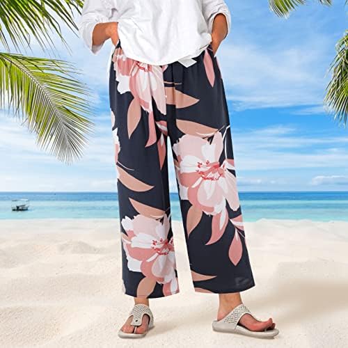 Капри панталони за жени, обични широки нозе палацо јога каприс лето трендовски цветни цвеќиња печатени панталони со пижами