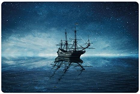 Лунарниот Океан Миленичиња Мат За Храна И Вода, Дух Пиратски Брод На Темно Шие Со Ѕвезденото Ноќно Небо Вода Одраз, Правоаголник