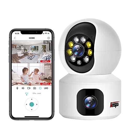 Внатрешна безбедносна камера, двојно леќи монитор за бебиња за монитори WiFi со преглед на паметни телефони 360 °, камери за домашна безбедност