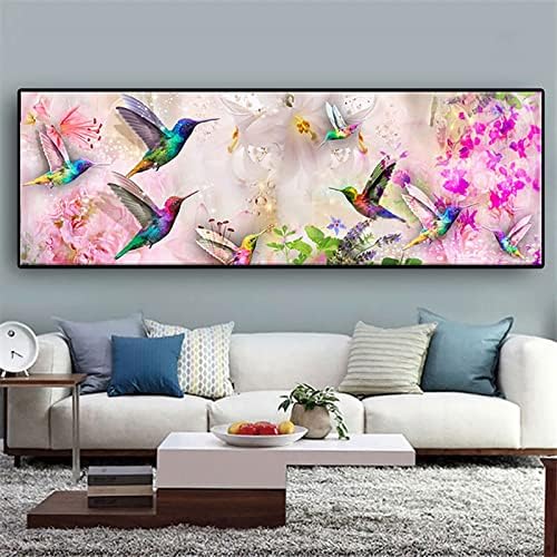 Instarry 5d Diamond сликарство со голема големина колибри и цвеќиња мозаик крст -бод дома украси за дневна соба 70.9x23,6 инчи