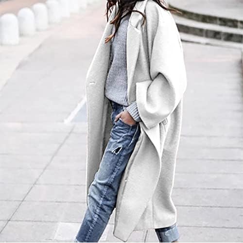 Женски зимска волна палто 2022 година, женско случајно копче за лаптоп, долга цврста боја волна мешавина од палто, лабава палто за палто на