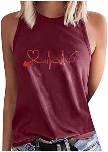 Кошула за чукање на срцето за жени лето Loveубовна графичка маица за печатење екипаж на екипаж на екипаж на екипаж, врвни маички без ракави
