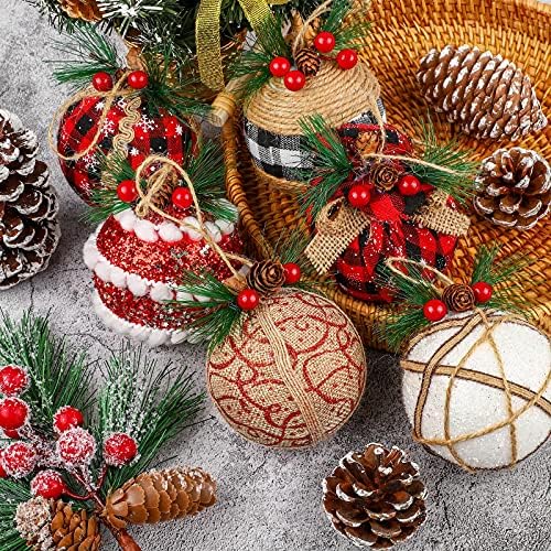 MCEAST 9 парчиња украси за новогодишни елки, божиќни украси за топка, бивол карирана топка пена, виси украси со бор игли, бор конуси за новогодишни
