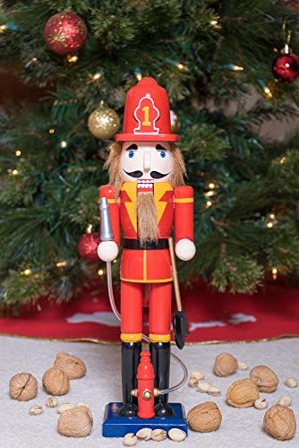 Умен креации пожарникар 15 инчи Традиционален дрвен оревчекер, празничен Божиќен декор за полици и табели