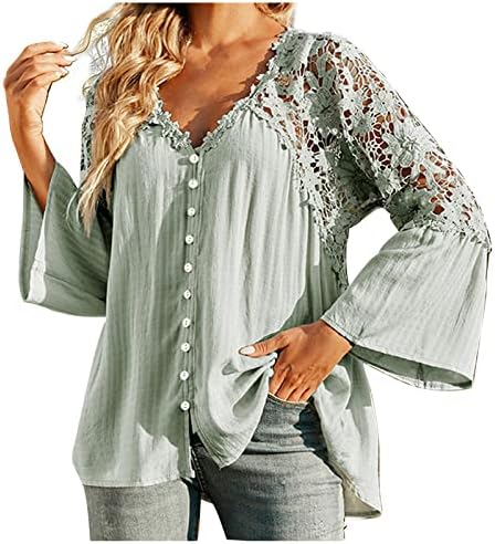 Женски лабави вклопени шифон врвови чипка крпеница V вратот копче маица ракав ракави цврсти летни обични блузи