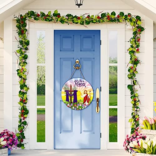 Тој е воскреснат на вратата на вратата Велигденски крст религиозен Исус дрвени висечки украси пролетни цвеќиња Тој е воскреснал Велигденска