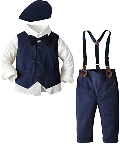 Сет за облека Sangtree Boys, кошула со лак Tie + Newsboy Hat + Suspender Pants сетови, 3 месеци - 9 години