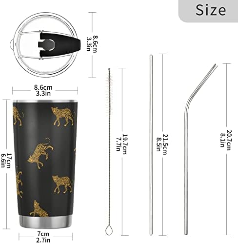 Умирико 20oz леопард чаша за животни со животни со капак и слама, вакуумски термоум со двојни wallидови од не'рѓосувачки челик изолирано