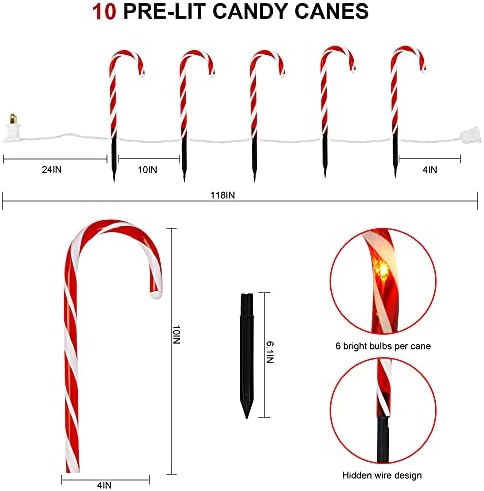 Бисвинг Божиќ на отворено бонбони светла, 10 парчиња маркери за Божиќни патеки со 60 брои топли бели светла, што може да се поврзат за