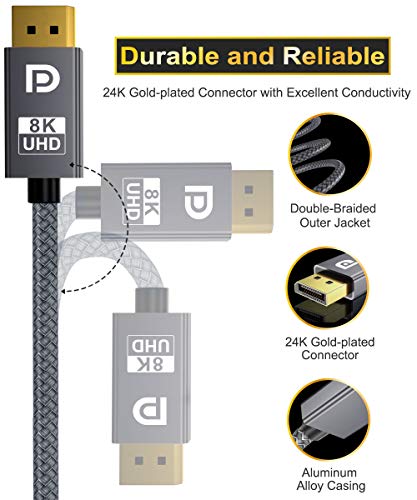 Itramax 8K 60Hz DisplayPort Cable 10FT, DP 1,4 машки ултра високо -брзински кабел за лаптоп/компјутер/ТВ/гејмерски монитор,