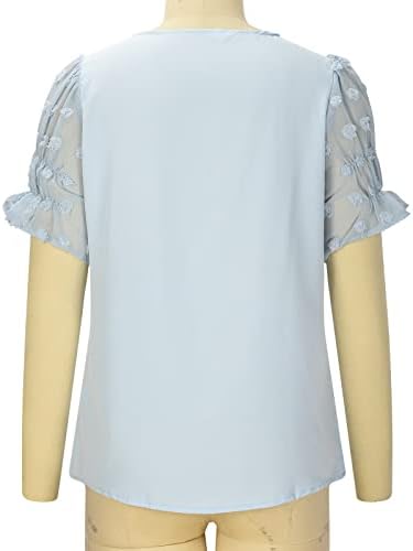 Врвови за шифон за жени - женски маички модни обични цврсти v вратот лабава чипка кратка ракав маица врвен блуза пуловер