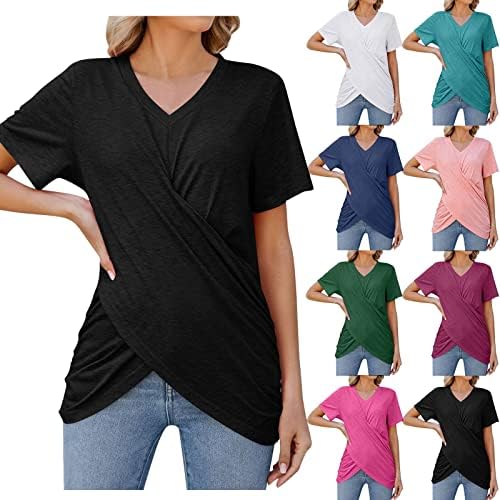 Медицински кошули женски летни врвови на летни врвови, обични маички со вратот, кошули со кратки ракави, лабаво вклопување, плус големина