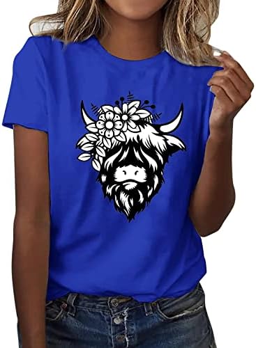 Женска крава маица лето животински графички графички тимови кратки ракави екипаж летни врвови фустани обични кошули основни врвни