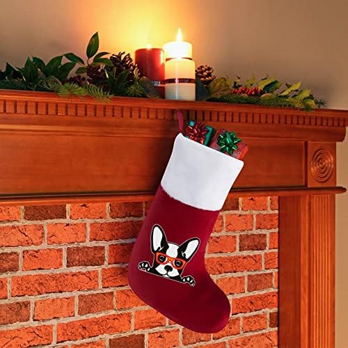 Симпатични француски булдог Божиќни порибни чорапи со кадифен камин што виси за Божиќно дрво